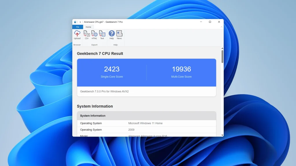 หน้าจอโปรแกรม Geekbench 7 บน Windows 11