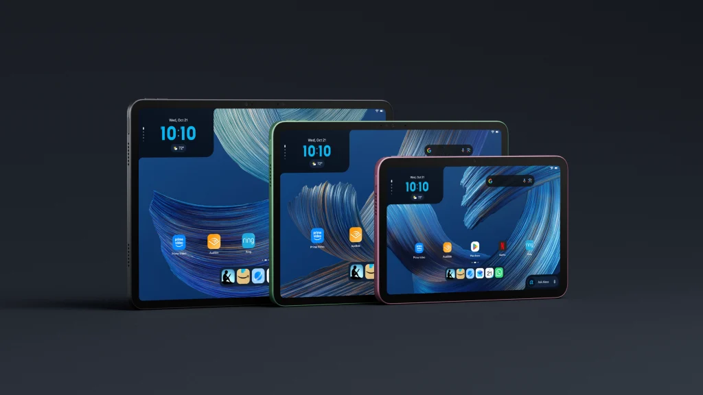 Amazon Alexa Tablet สามขนาด 12 นิ้ว 11 นิ้ว และ 8 นิ้ว วางเรียงกัน