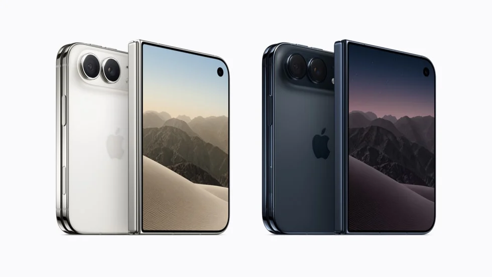 iPhone Duo สีสตาร์ไวท์และสีไนท์สกาย วางคู่กันทั้งแบบพับและกางจอ