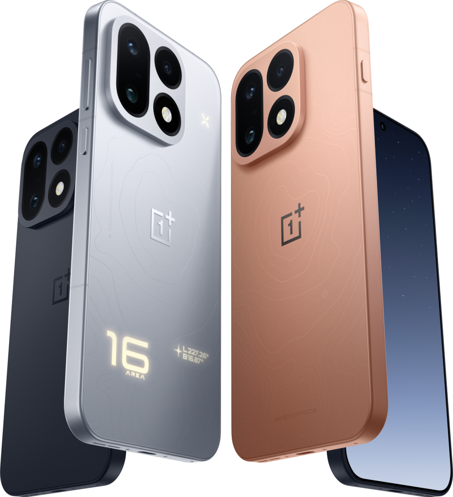 OnePlus 16 ด้านหน้าและด้านหลัง แสดงกล้องหลัง 3 ตัว
