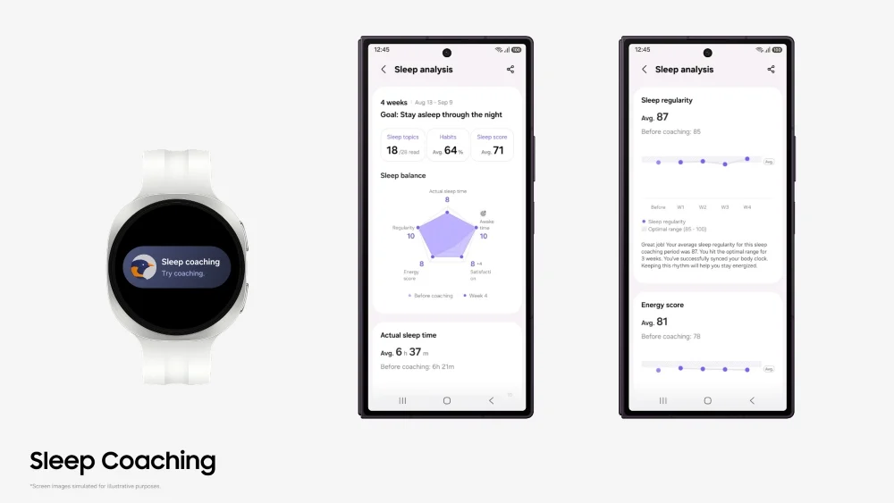 หน้าจอฟีเจอร์ Sleep Coaching ใหม่ในแอป Samsung Health