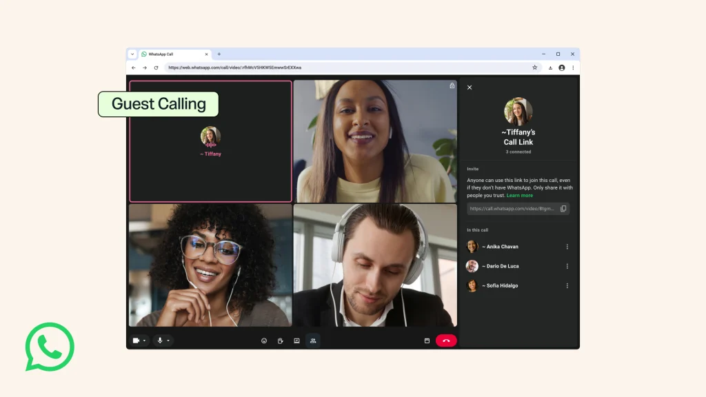 หน้าจอฟีเจอร์ Guest Calling ของ WhatsApp สำหรับเชิญคนเข้าร่วมคอลผ่านลิงก์