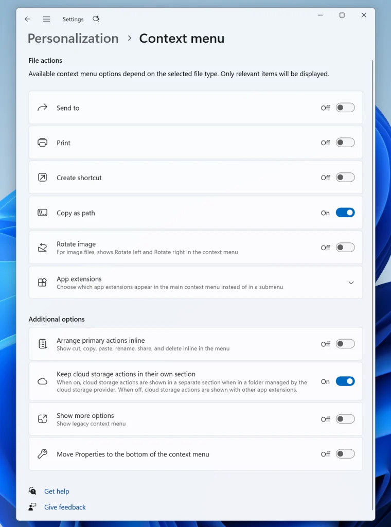 หน้าตั้งค่าเมนูคลิกขวาใหม่ใน Settings ของ Windows 11