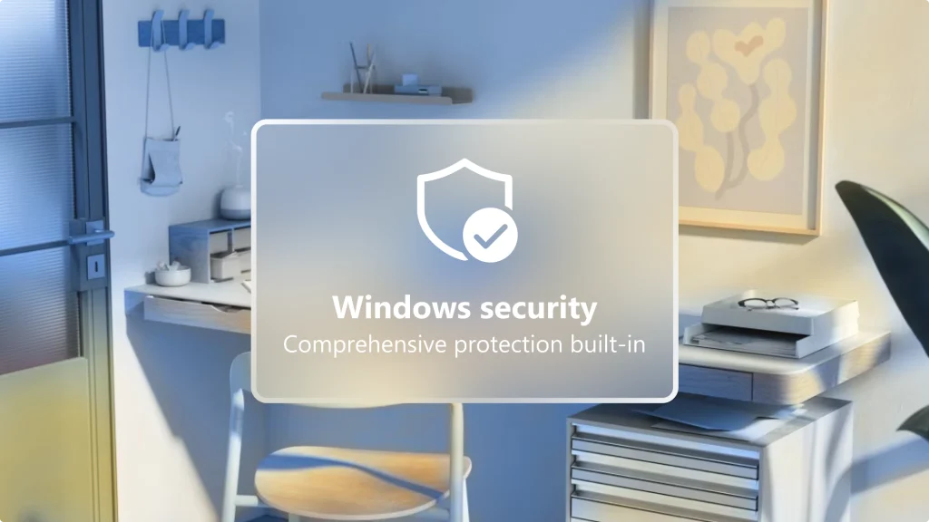 ภาพสำนักงานพร้อมการ์ดแสดงสถานะความปลอดภัยของ Windows 11