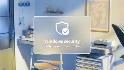 ภาพสำนักงานพร้อมการ์ดแสดงสถานะความปลอดภัยของ Windows 11