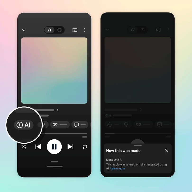 หน้าจอ YouTube Music แสดงป้าย AI ใต้ชื่อเพลงบนหน้าเล่นเพลง